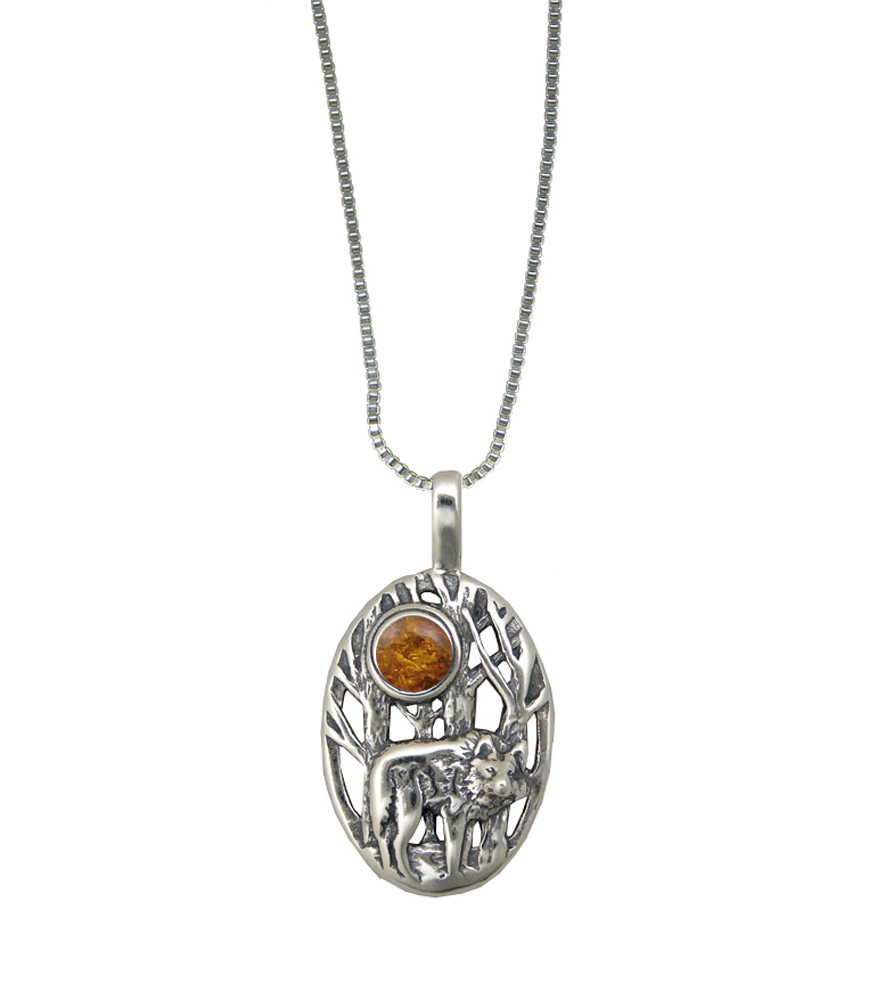 Sterling Silver Winter Wolf Pendant With Amber